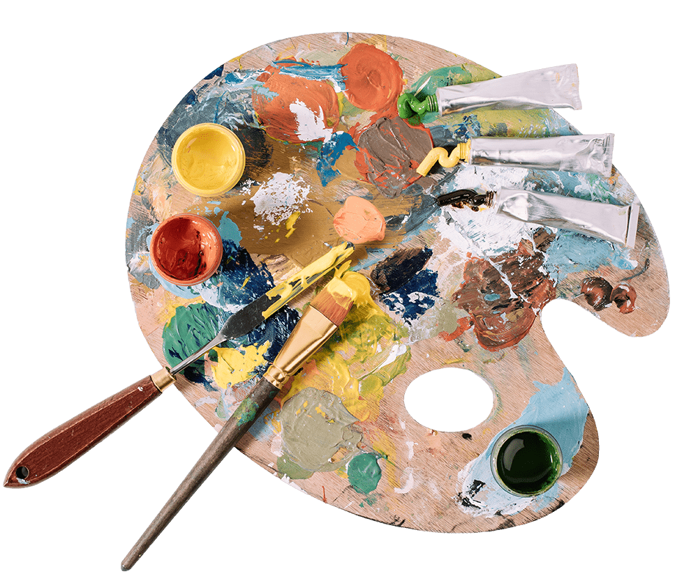 Colorful paint palette with brushes and tubes, showcasing various paint colors for art creation. Ideal for illustrating painting projects.